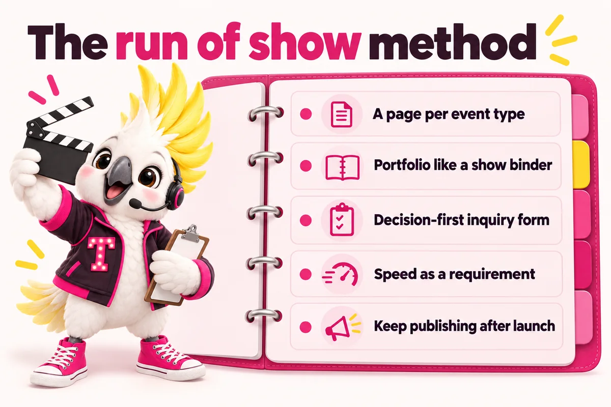 Infographic with Tempo, the studio mascot: The run of show method. A page per event type; Portfolio like a show binder; Decision-first inquiry form; Speed as a requirement; Keep publishing after launch.