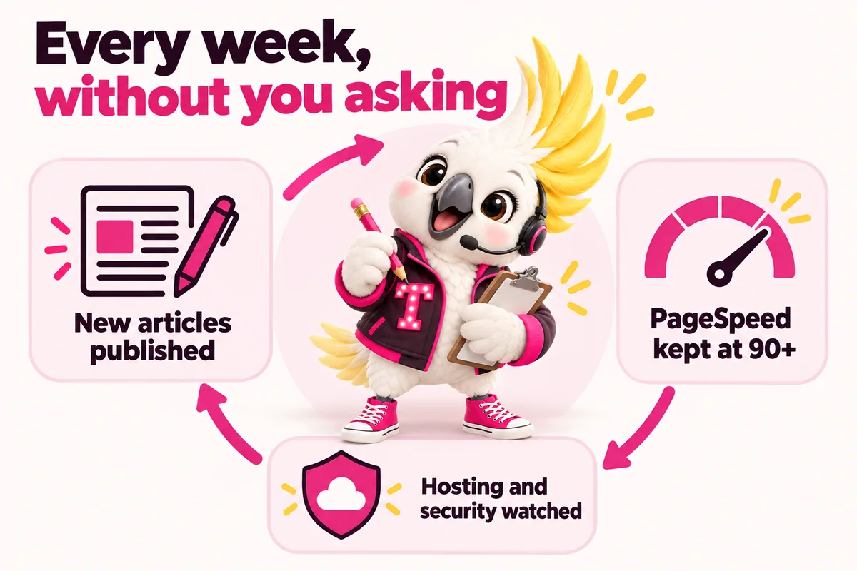 Infographic with Tempo, the studio mascot: Every week, without you asking. New articles published; PageSpeed kept at 90+; Hosting and security watched.