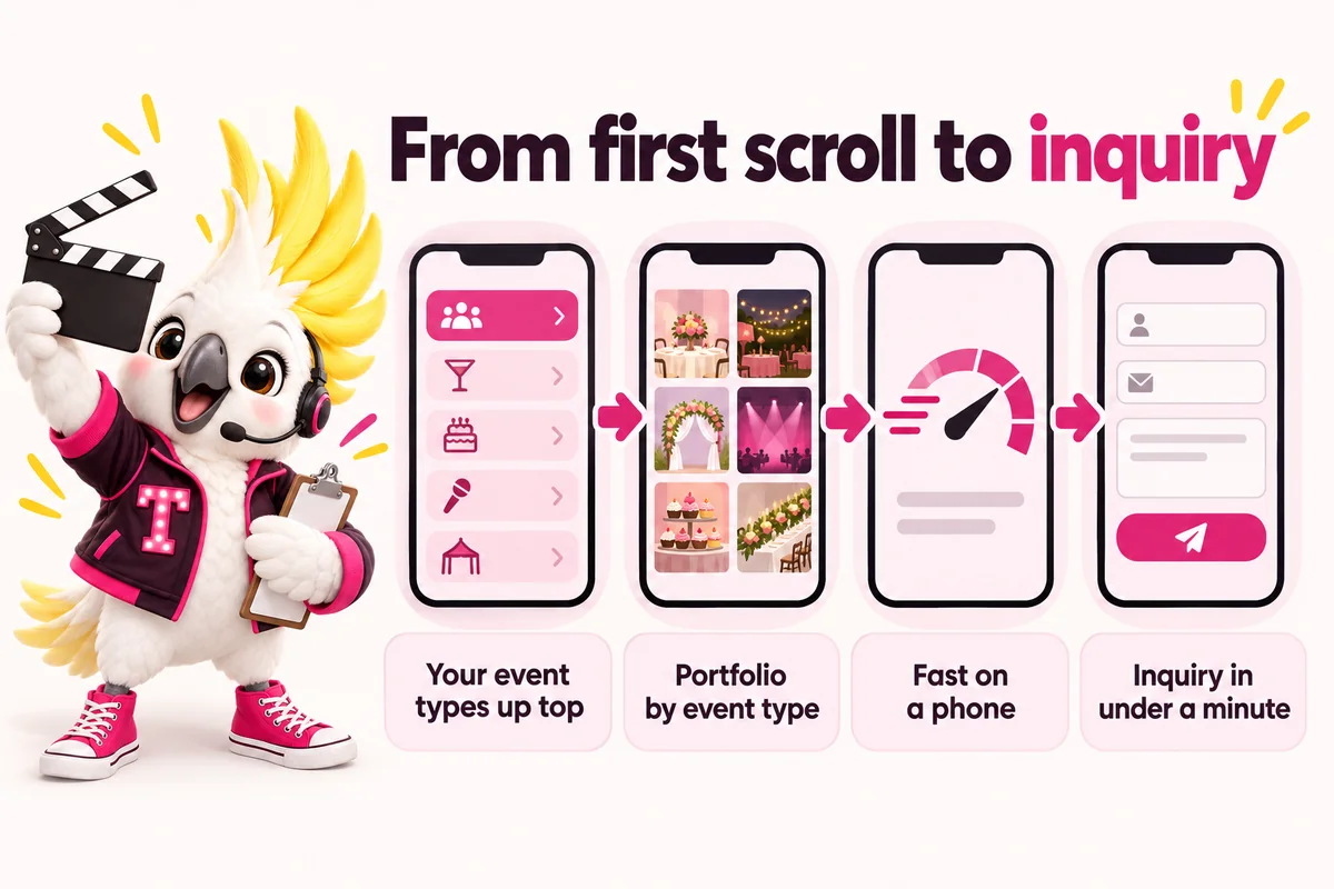 Infographic with Tempo, the studio mascot: From first scroll to inquiry. Your event types up top; Portfolio by event type; Fast on a phone; Inquiry in under a minute.