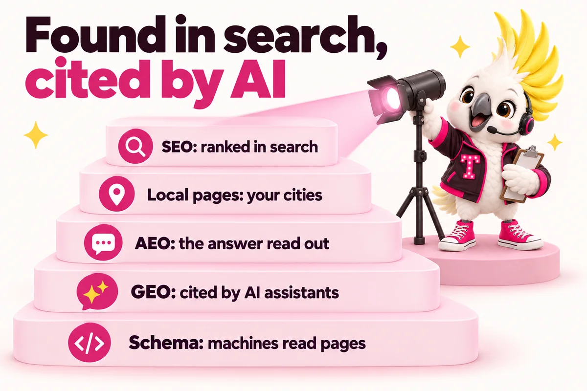 Infographic with Tempo, the studio mascot: Found in search, cited by AI. SEO: ranked in search; Local pages: your cities; AEO: the answer read out; GEO: cited by AI assistants; Schema: machines read pages.