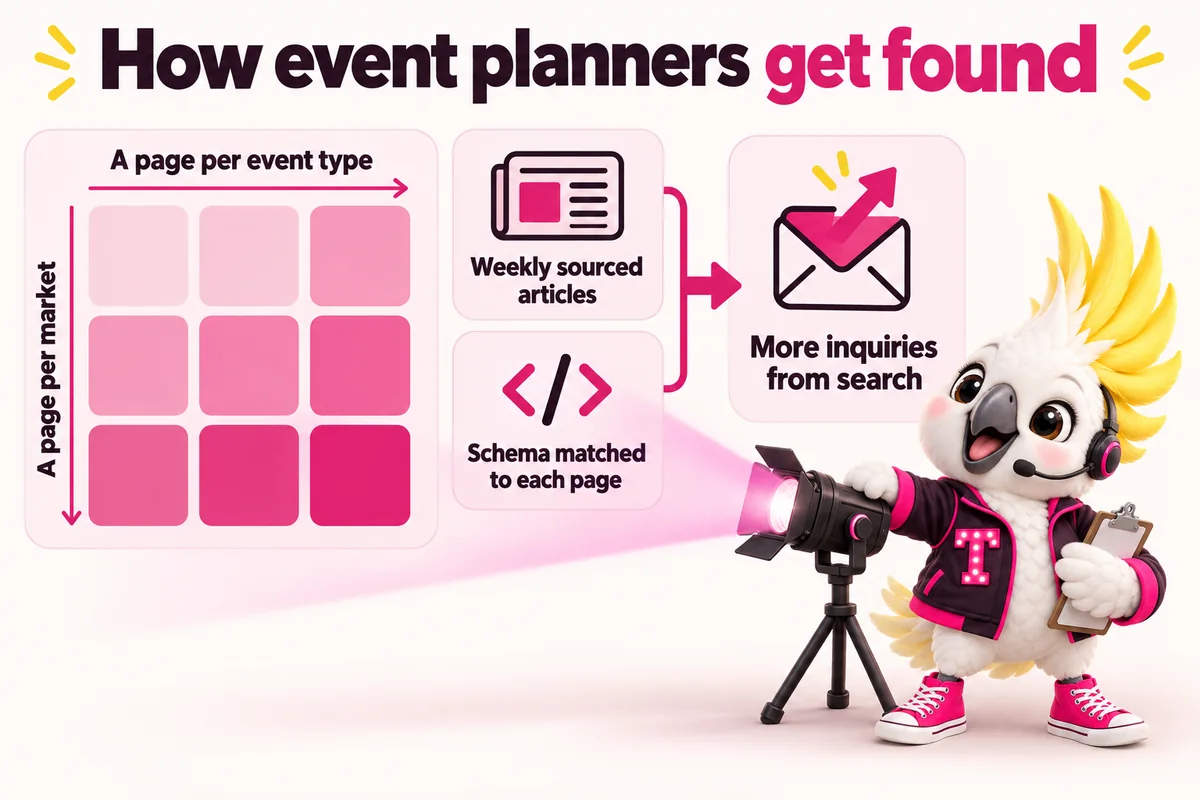 Infographic with Tempo, the studio mascot: How event planners get found. A page per event type; A page per market; Weekly sourced articles; Schema matched to each page; More inquiries from search.