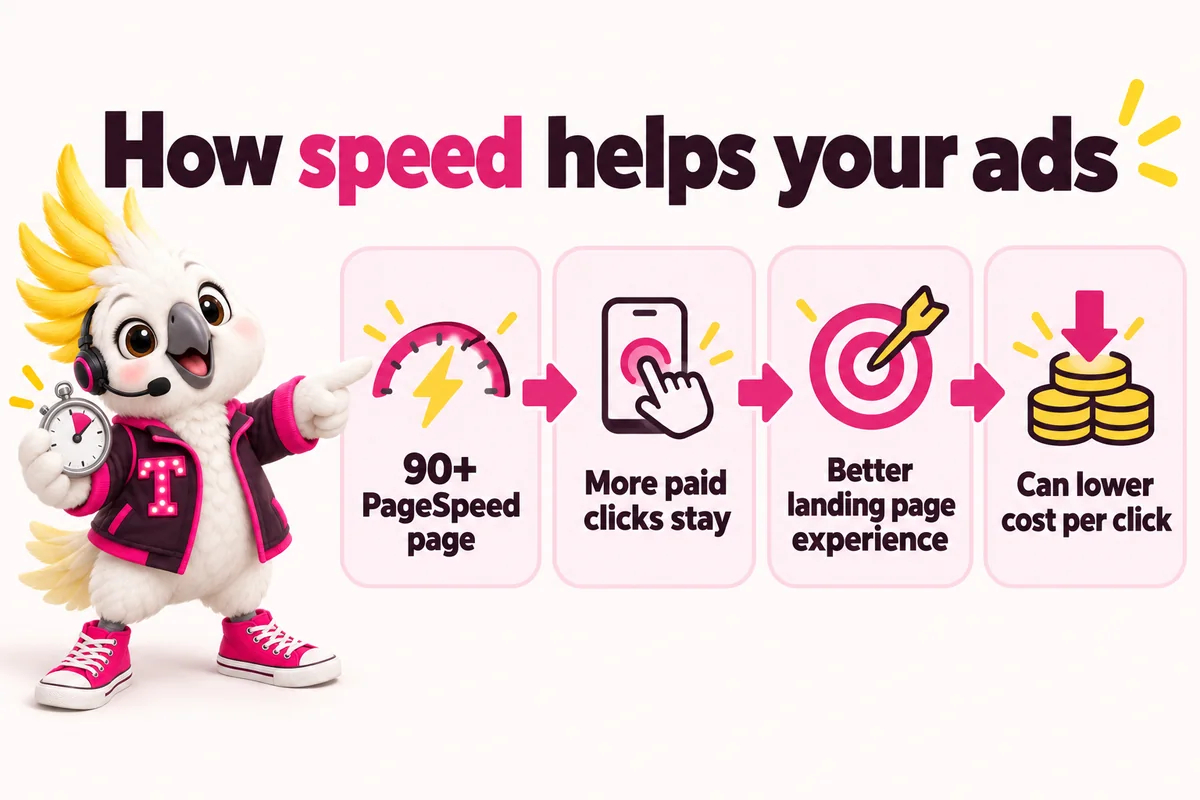 Infographic with Tempo, the studio mascot: How speed helps your ads. 90+ PageSpeed page; More paid clicks stay; Better landing page experience; Can lower cost per click.