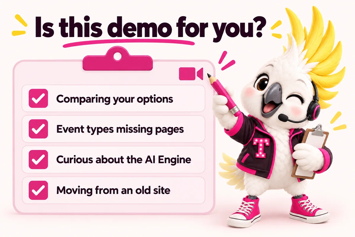 Infographic with Tempo, the studio mascot: Is this demo for you?. Comparing your options; Event types missing pages; Curious about the AI Engine; Moving from an old site.