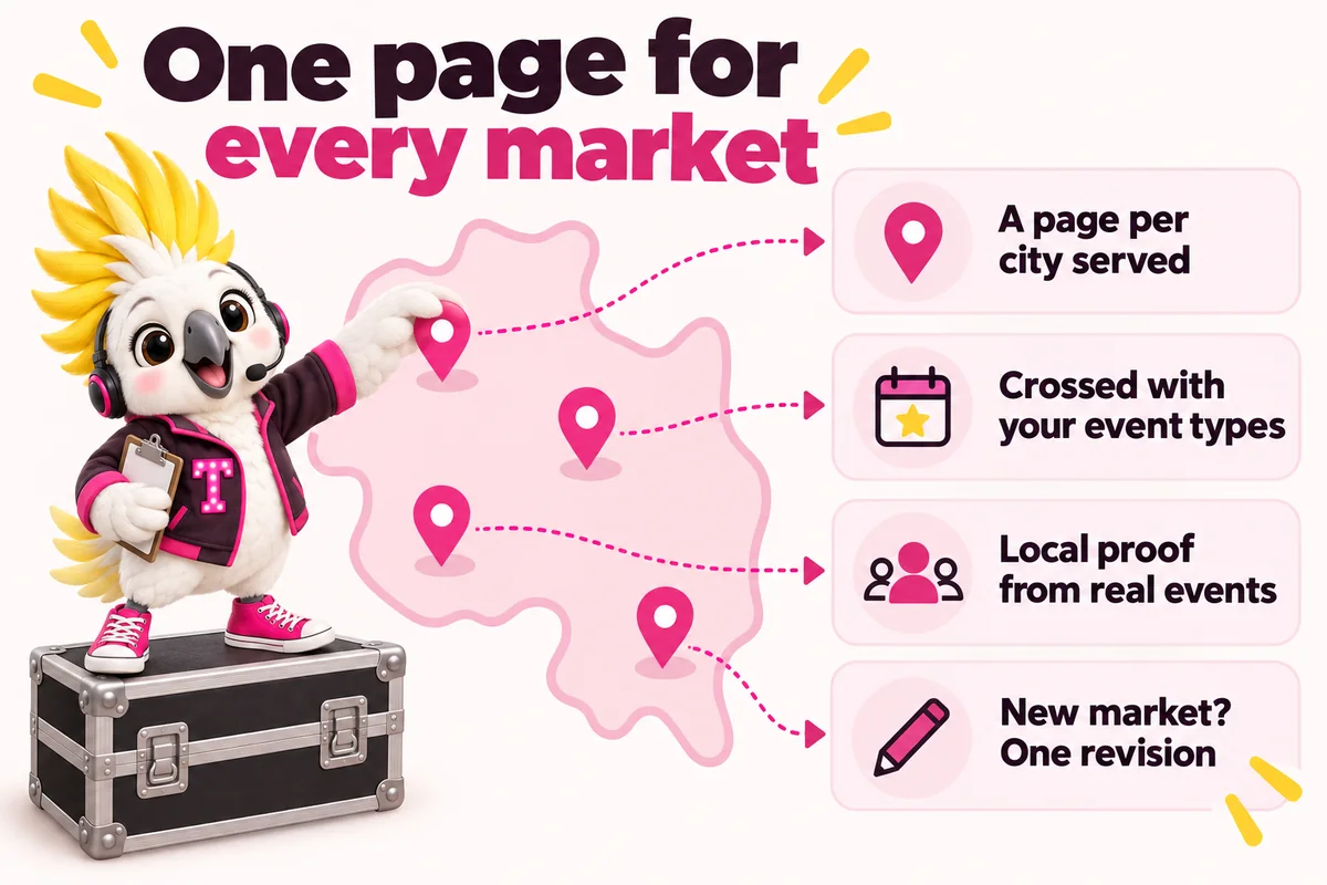 Infographic with Tempo, the studio mascot: One page for every market. A page per city served; Crossed with your event types; Local proof from real events; New market? One revision.