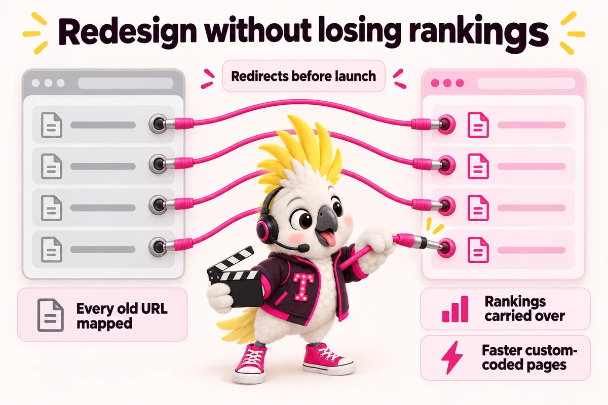 Infographic with Tempo, the studio mascot: Redesign without losing rankings. Every old URL mapped; Redirects before launch; Rankings carried over; Faster custom-coded pages.
