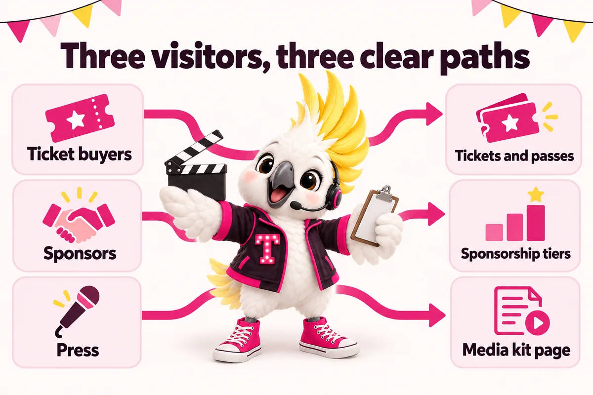 Infographic with Tempo, the studio mascot: Three visitors, three clear paths. Ticket buyers to tickets and passes; Sponsors to sponsorship tiers; Press to the media kit page.