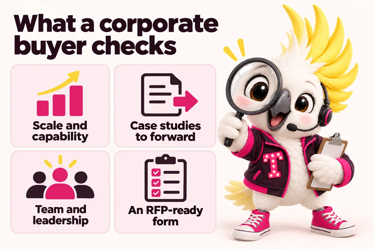 Infographic with Tempo, the studio mascot: What a corporate buyer checks. Scale and capability; Case studies to forward; Team and leadership; An RFP-ready form.