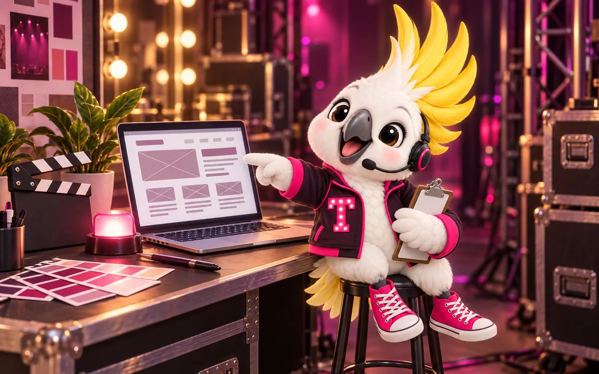 Tempo, the studio mascot, pointing at a website wireframe on a laptop at a backstage design desk