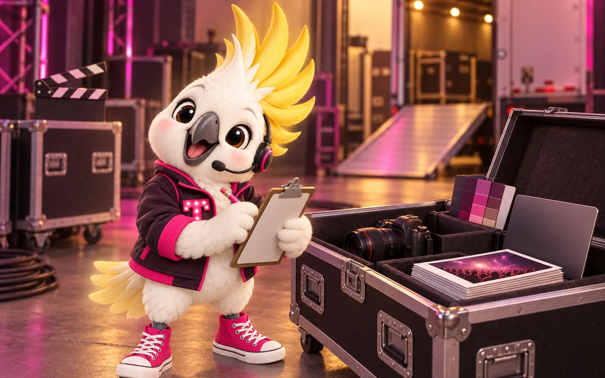 Tempo, the studio mascot, ticking off a run sheet beside a road case packed for load-in