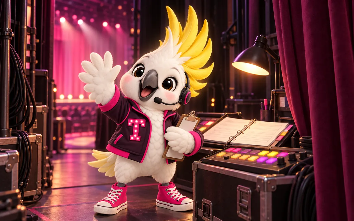 Tempo, the studio mascot, waving hello from a stage manager desk in the wings